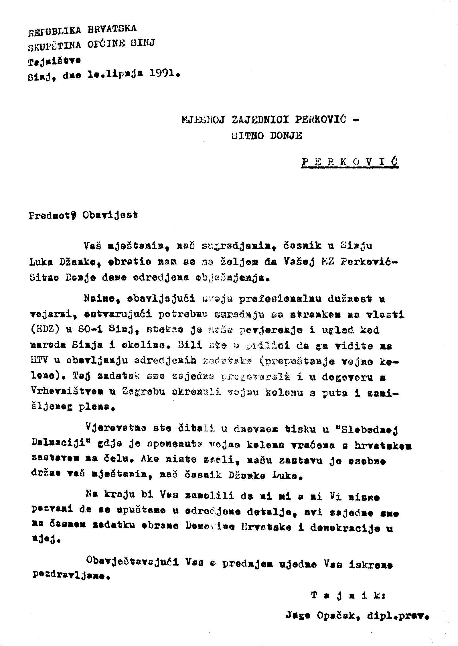 Faksimil dopisa iz Skupštine općine Sinj u kojem se potvrđuje suradnja hrvatskih snaga sa Džankom.