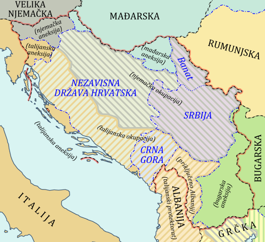 NDH u okupacijskoj podjeli Jugoslavije 1941. Crta po sredini označava podjelu NDH-a na talijansku i njemačku okupacijsku zonu.<br />Iako formalno obuhvaća područje BiH, nema Istre, Gorskog kotara, gotovo cijele Dalmacije te Međimurja i Baranje, a s obzirom na okupacijske zone, ni suverenitet.